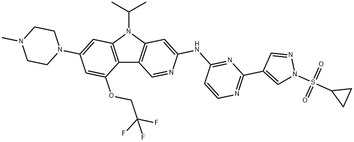 5H-Pyrido[4,3-b]indol-3-amine, N-[2-[1-(cyclopropylsulfonyl)-1H-pyrazol-4-yl]-4-pyrimidinyl]-5-(1-methylethyl)-7-(4-methyl-1-piperazinyl)-9-(2,2,2-trifluoroethoxy)- 구조식 이미지